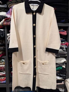 Zara Cream Coat Dress Duster with Black Trim and Gold Buttons